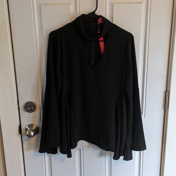 Catherine Malandrino Flowy Black High Neck V-Neck Blouse Bell Sleeves Peplum Sm - Picture 1 of 9